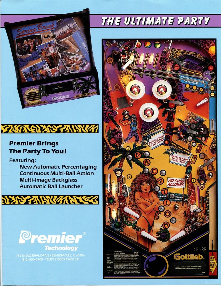 Spring Break Gottlieb Pinball Flyer / Brochure / Ad Mint