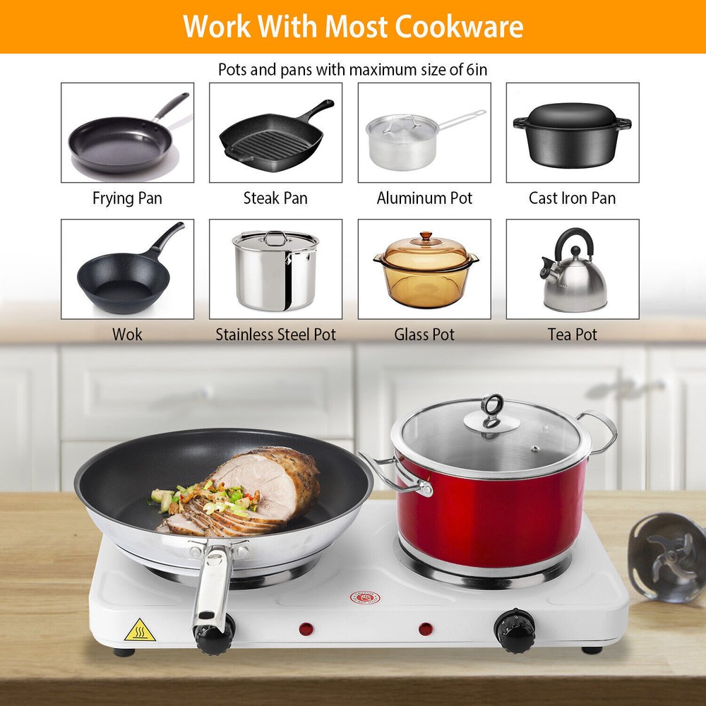 Double Electric Hot Burner Flat Plate Countertop 5 Temperature Controls 2000W