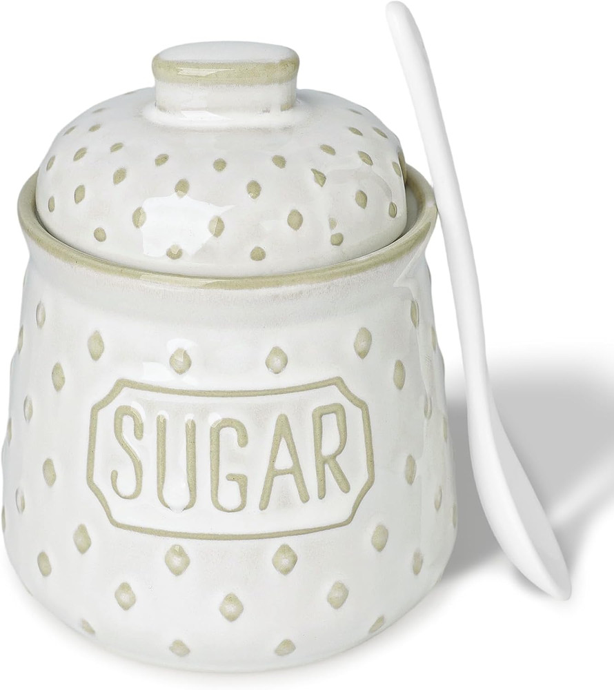 Sugar Bowl with Lid and Spoon, 10 OZ Ceramic Sugar Container for Kitchen Accesso