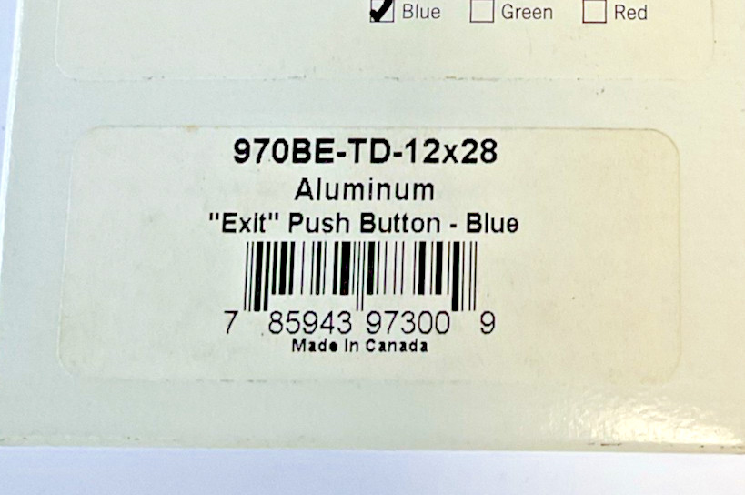 RCI 970BE-TD-12X28 ALUMINUM EXIT PUSH BUTTON BLUE 12V FRAME MOUNT