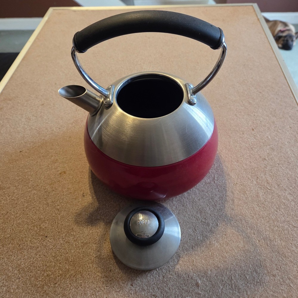 Copco Tea Kettle Stovetop Red Enamel Stainless Steel Round Silver Good Condition