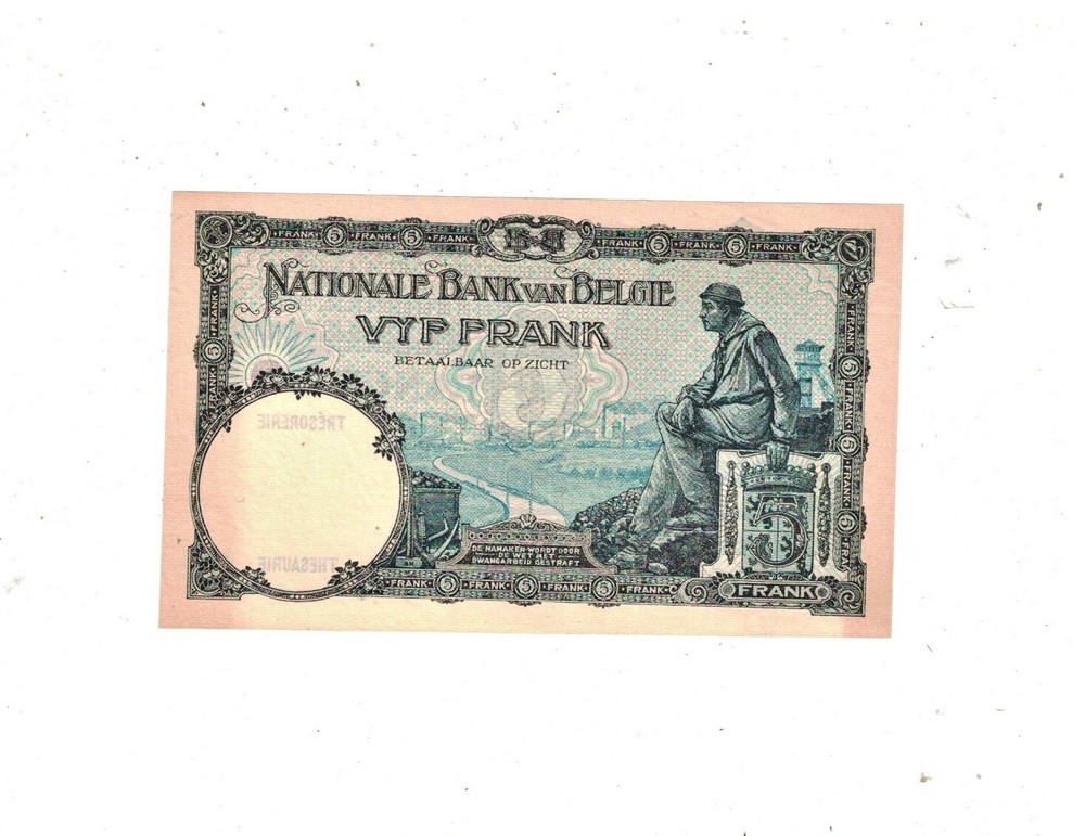 BELGIUM 1927 5 FRANCS CRISP UNC PB1