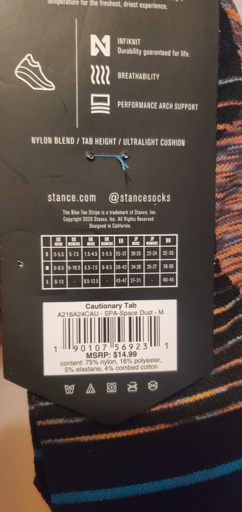 Men's Stance Performance FreshTek Cautionary Tab Socks - MED 6 - 8.5
