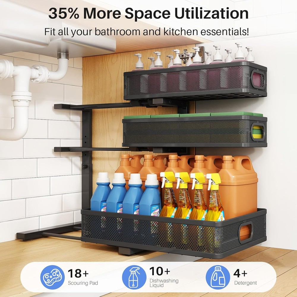 Under Sink Organizer 2-Pack 3-Tier Thickened Metal Pull out Cabinet Organizer