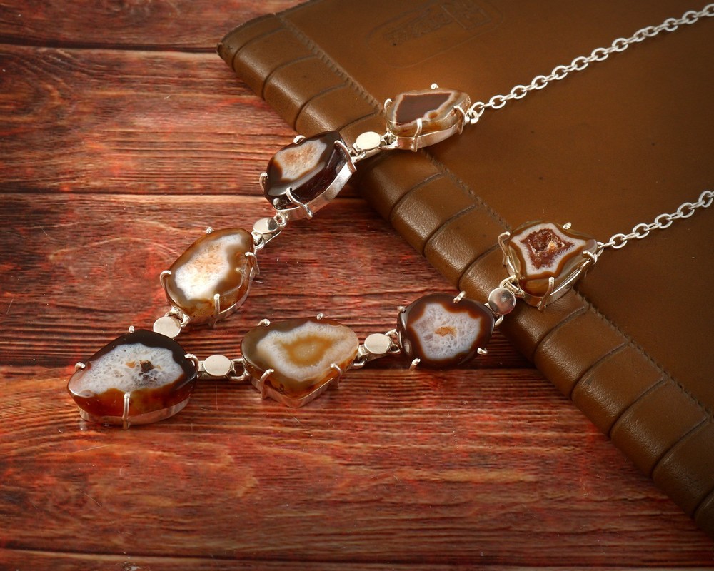 Natural Brown Agate Druzy Silver Plated Statement Necklace Handmade Boho