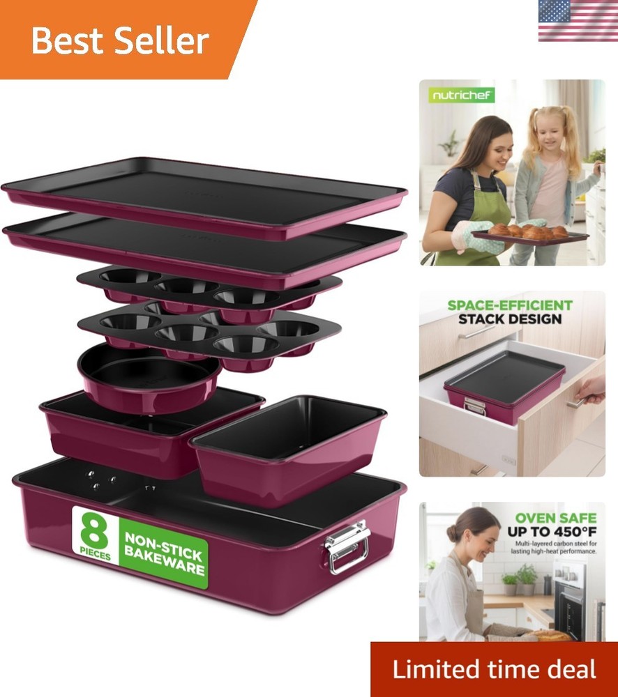 8-Piece Nonstick Stackable Bakeware Set - PFOA, PFOS, PTFE Free Baking Pan Se...