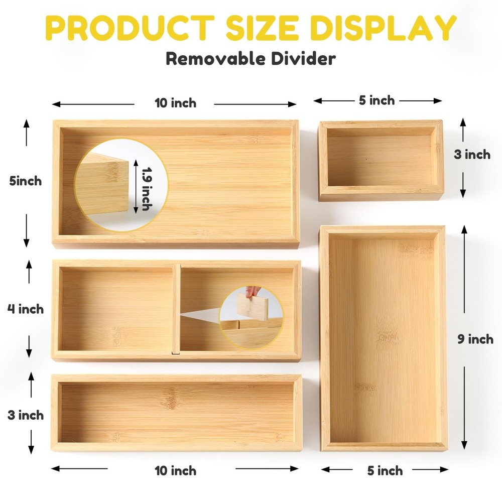 Bamboo Drawer Organizer, 5 Pcs Kitchen Drawer Organizer Set, Multi Purpose Ut...
