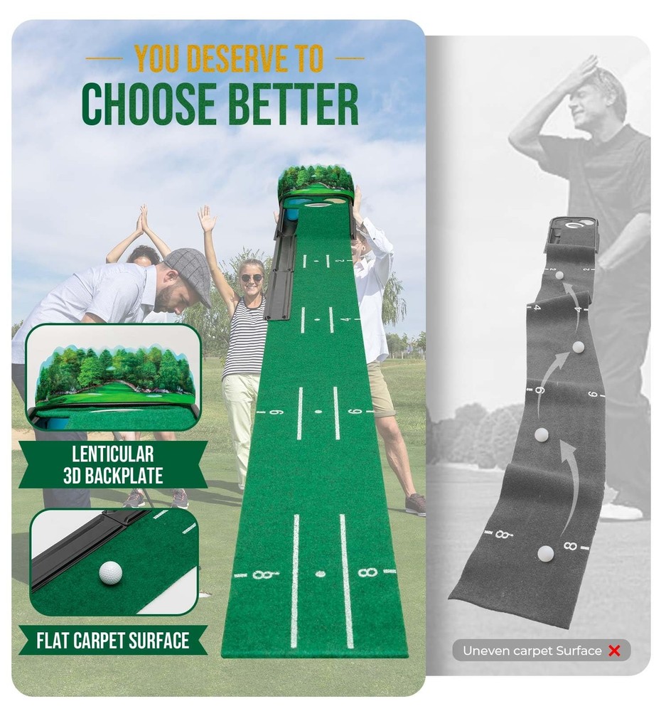 Indoor Golf Putting Green Mat 8ft Ball Return Alignment Wrinkle-Free