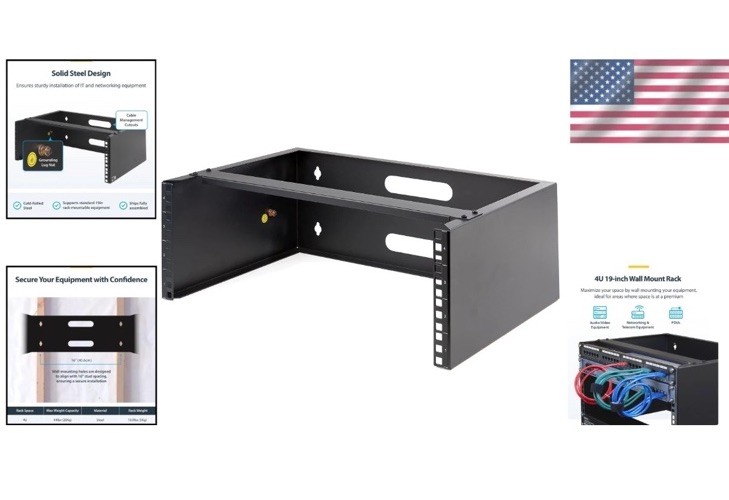 4U Wall Mount Rack - Cold-Rolled Steel, 44lbs Capacity, Cable Managed