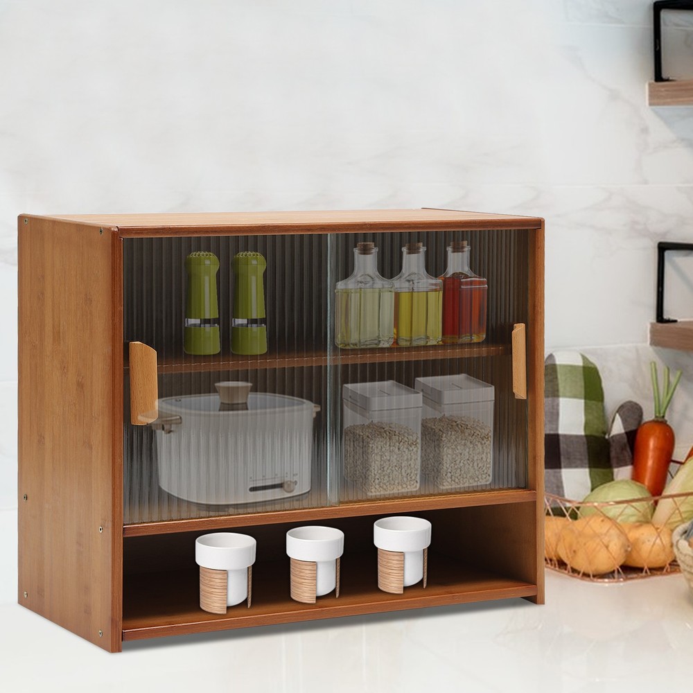 Kitchen Pantry Sideboard Bamboo Small Storage Cabinet Sliding Door Cupboard