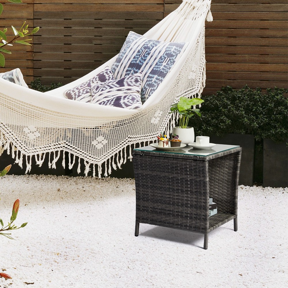 Outdoor Patio Wicker Side Table, Square End Table Bistro Coffee Table