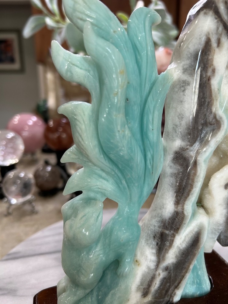 Amazonite 9 tail Fox carving on stand Gorgeous