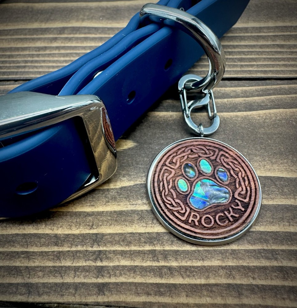 Wood dog id tags engraved