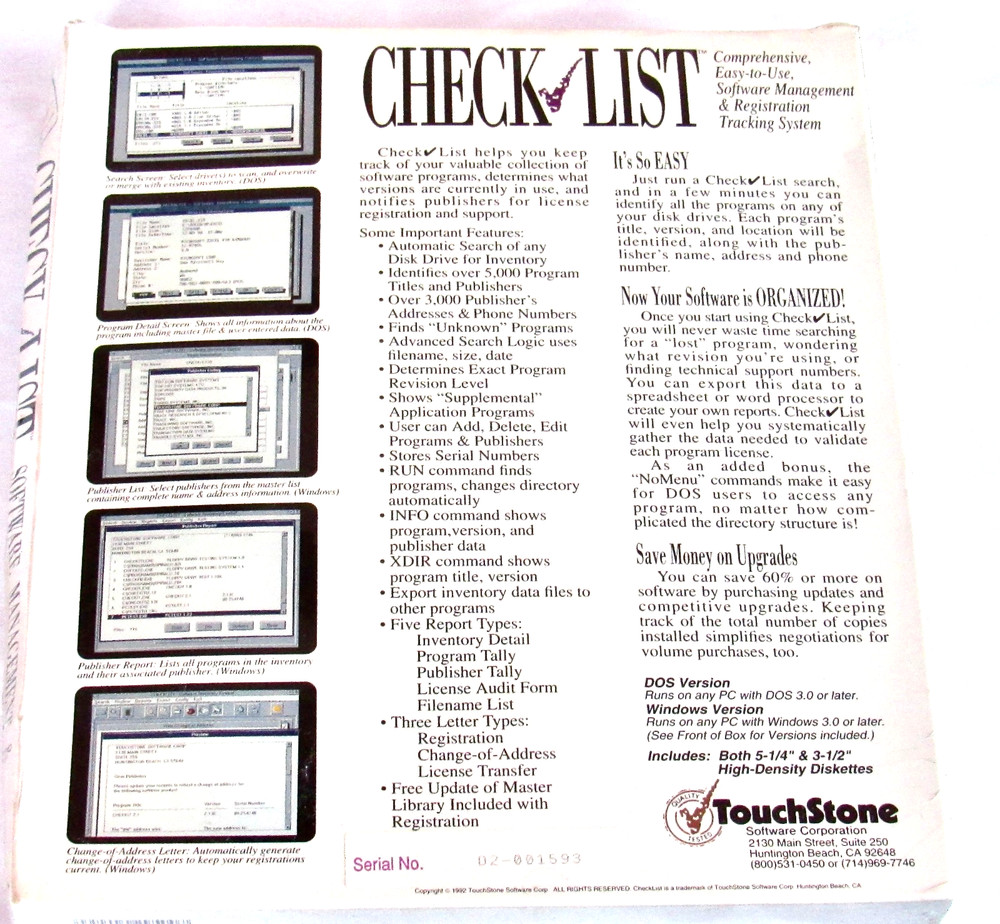 Sealed Vintage TouchStone Check List DOS Microsoft Software Management System
