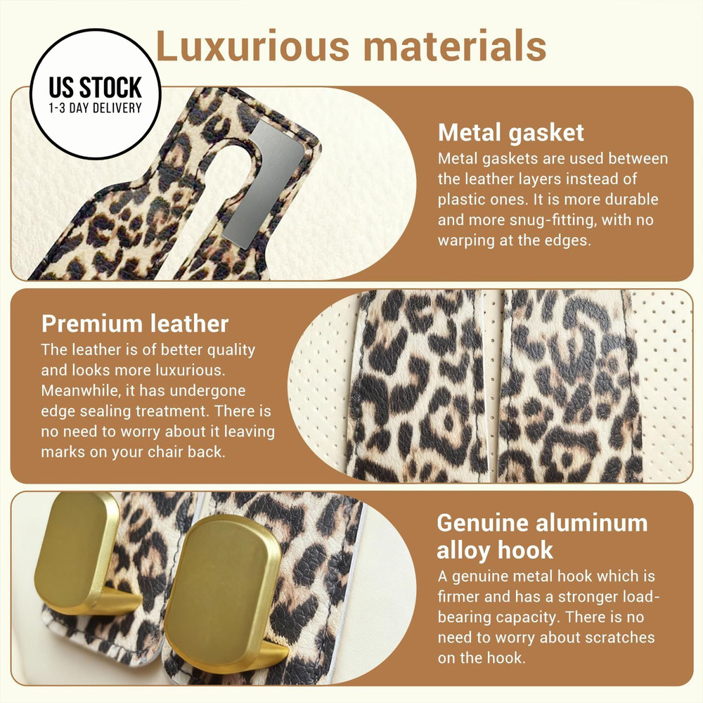 FLYEEGO 2 Pack Purse Hook for Car Headrest, Seat Back Storage Leopard