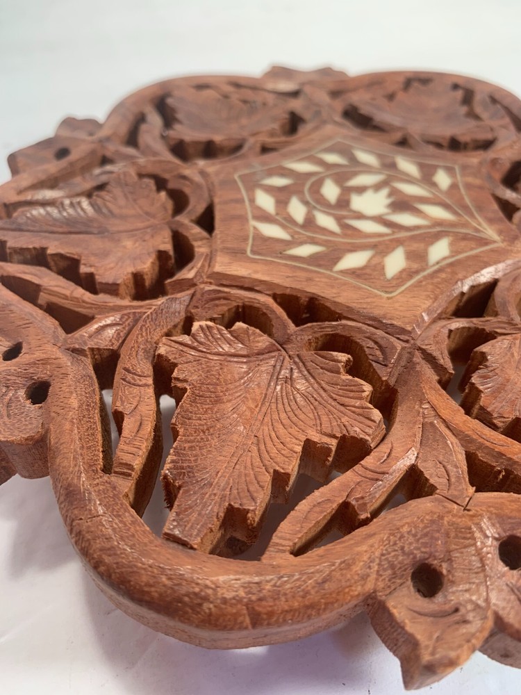 Boho Wood trivet with inlay, India 7"