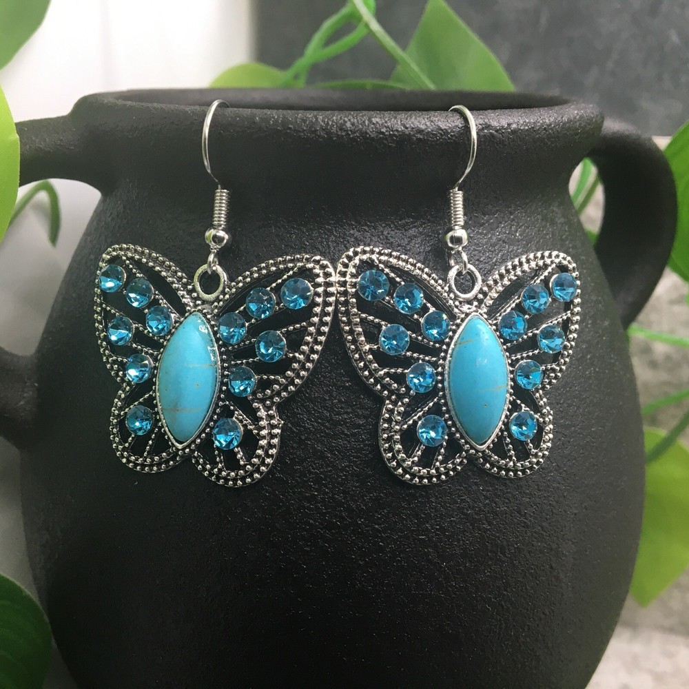 1.5” Silver-tone Earring Set Butterfly Blue Rhinestone Dangle New A1004