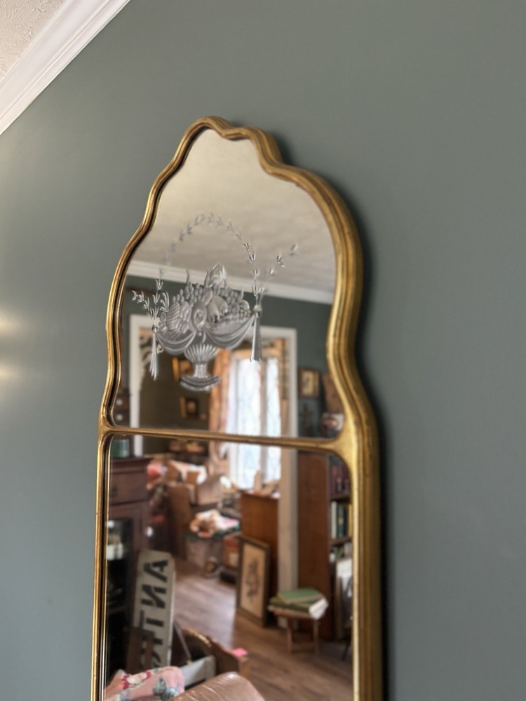 Antique Gilded Renaissance Baroque Arabesque Shaped Mirror with Etching