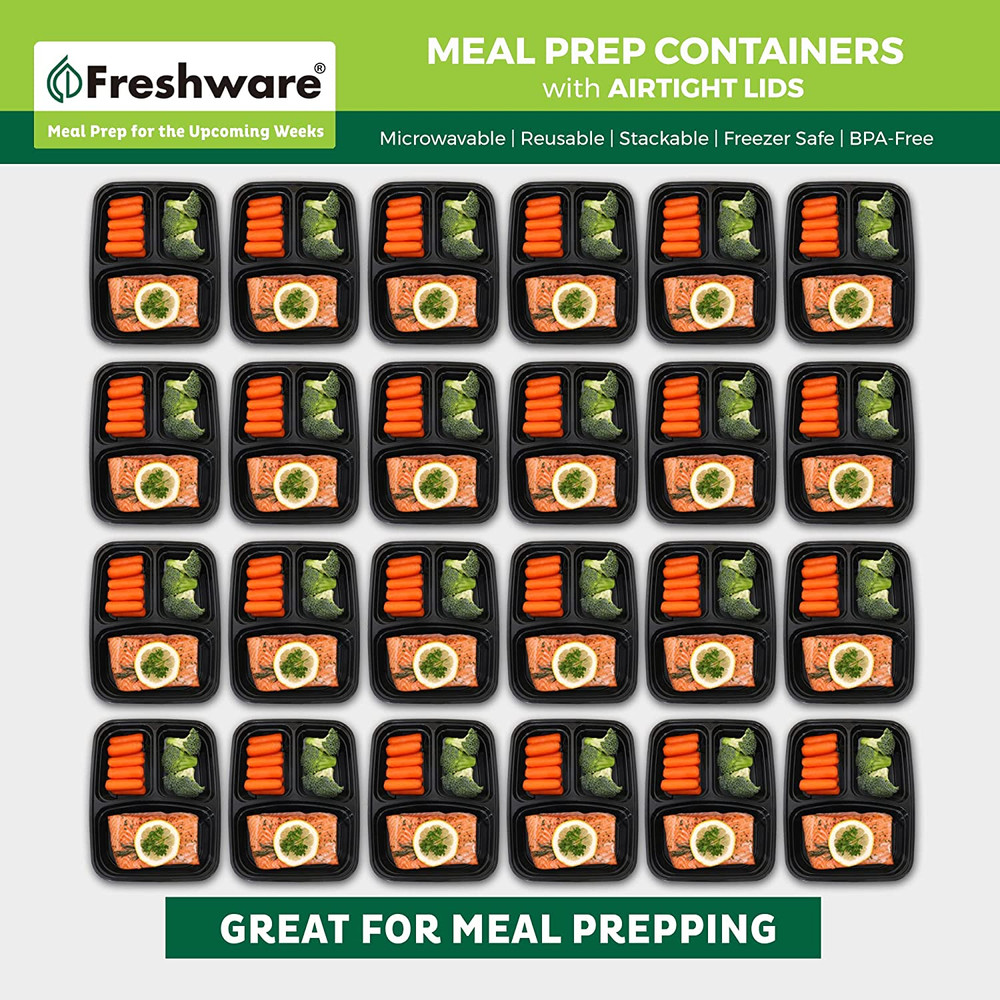 Meal Prep Containers [21 Pack] 3 Compartment with Lids, Storage Containers, Ben