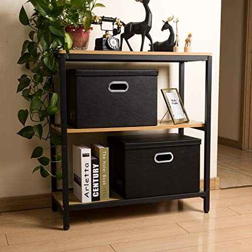 Large Foldable Storage Bins with Lids [3-Pack] Leather Large(3-Pack) Black