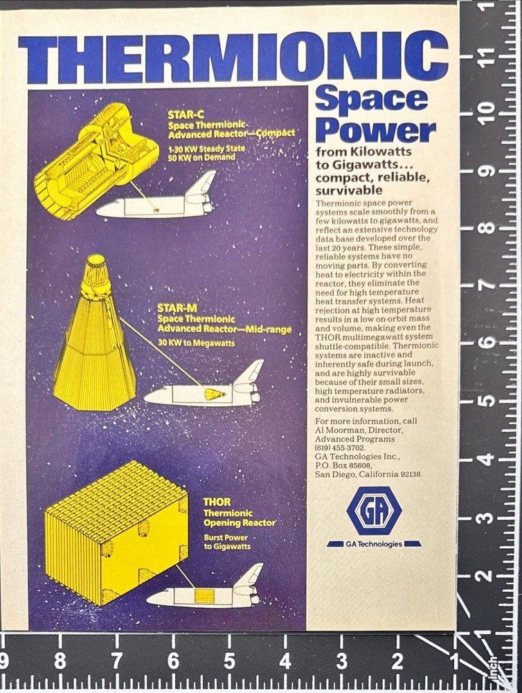 GA Technologies Thermionic Reactor Space Shuttle Vintage Magazine Ad 1986