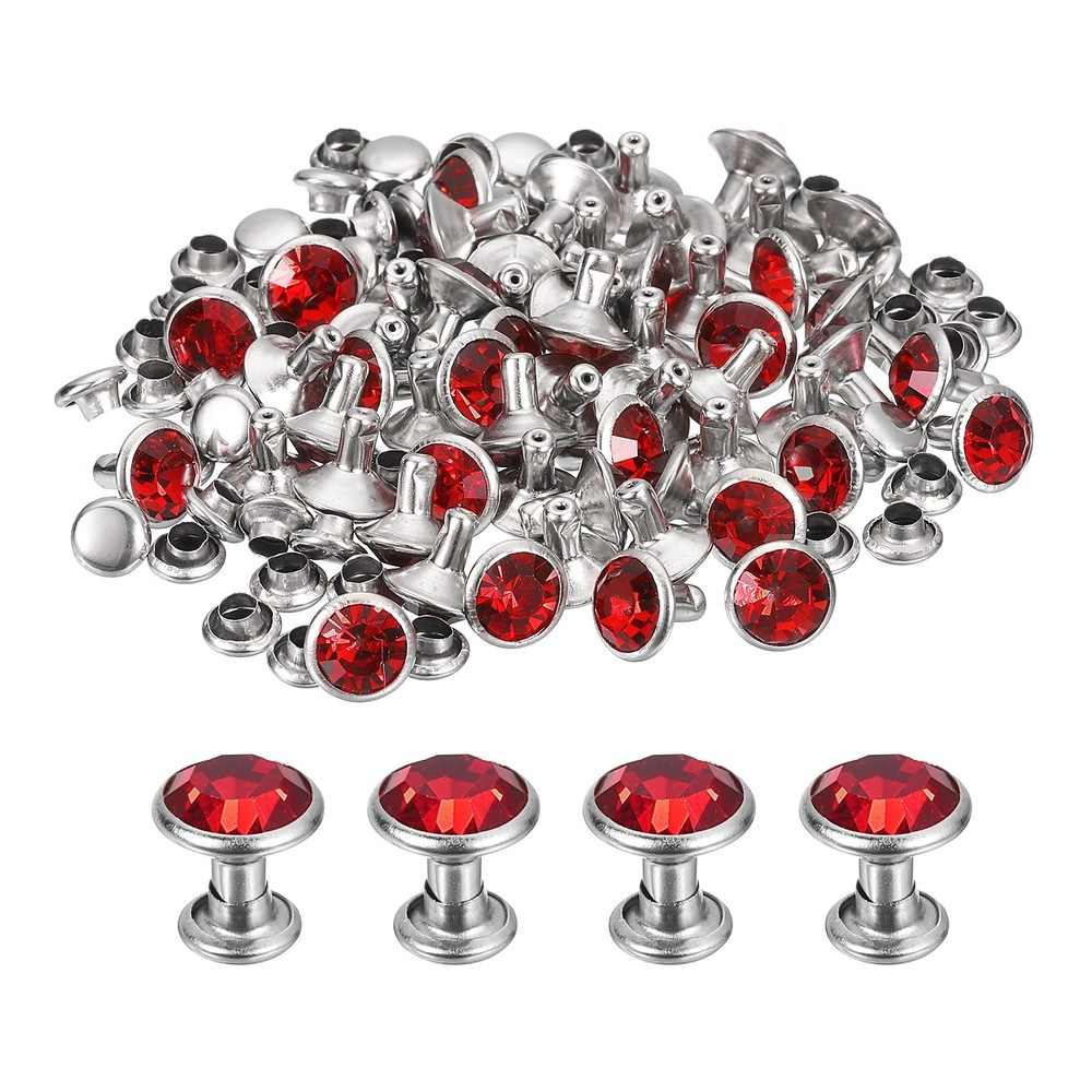 60 Sets Rhinestone Rivets, 8mm Crystal Rivets Leather Rivets, Red