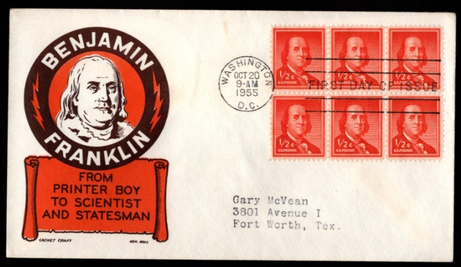 SC# 1030 FDC, Benjamin Franklin, Ken Boll cachet, flap open