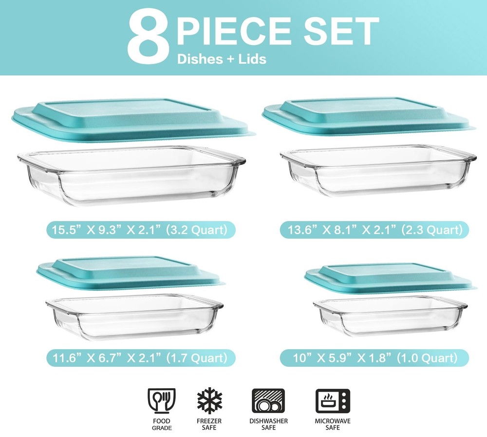8-Piece Deep Glass Baking Dish Set with Plastic lids Rectangular Bakeware Pans
