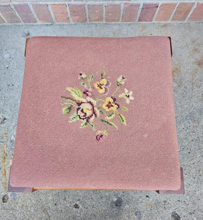 Vintage Footstool Solid Maple Needlepoint Upholstery