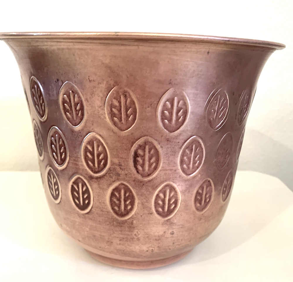 Antique Solid Copper Flower Planter With Stamped Leaf Design 6”