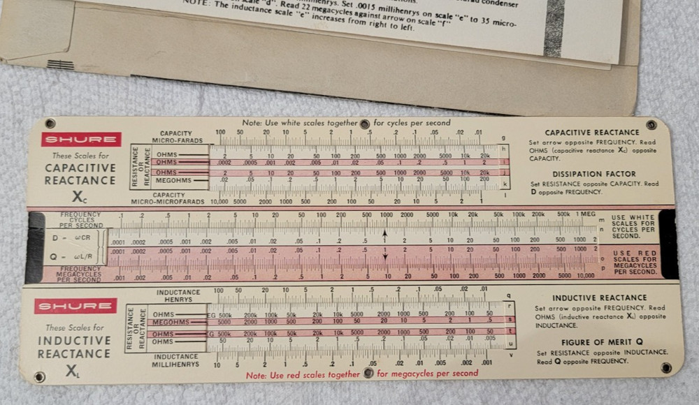 Vintage SHURE Capacitive/Inductive Reactance SlideRule Calculator & Booklet 1957