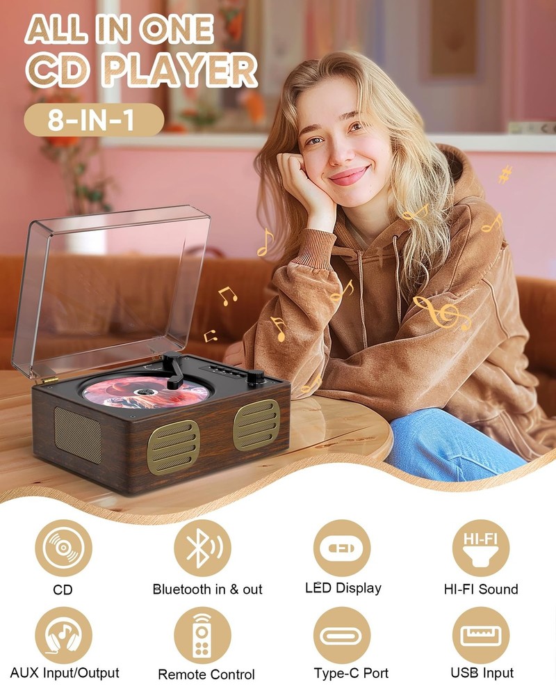 CD Player Portable, Retro CD Player with HiFi Speakers, Bluetooth Input/Outpu...