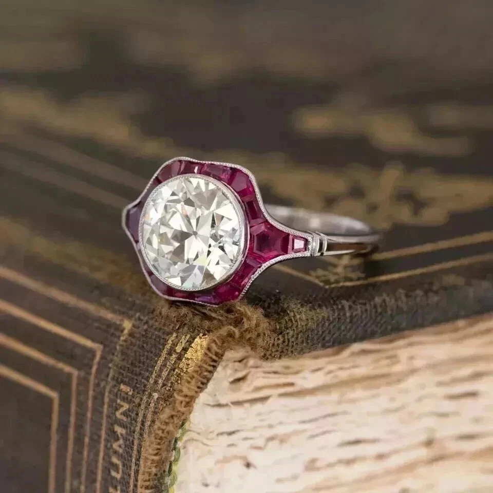 Art Deco Round Cut Lab Created Diamond Ruby 14k White Gold Finish Wedding Ring