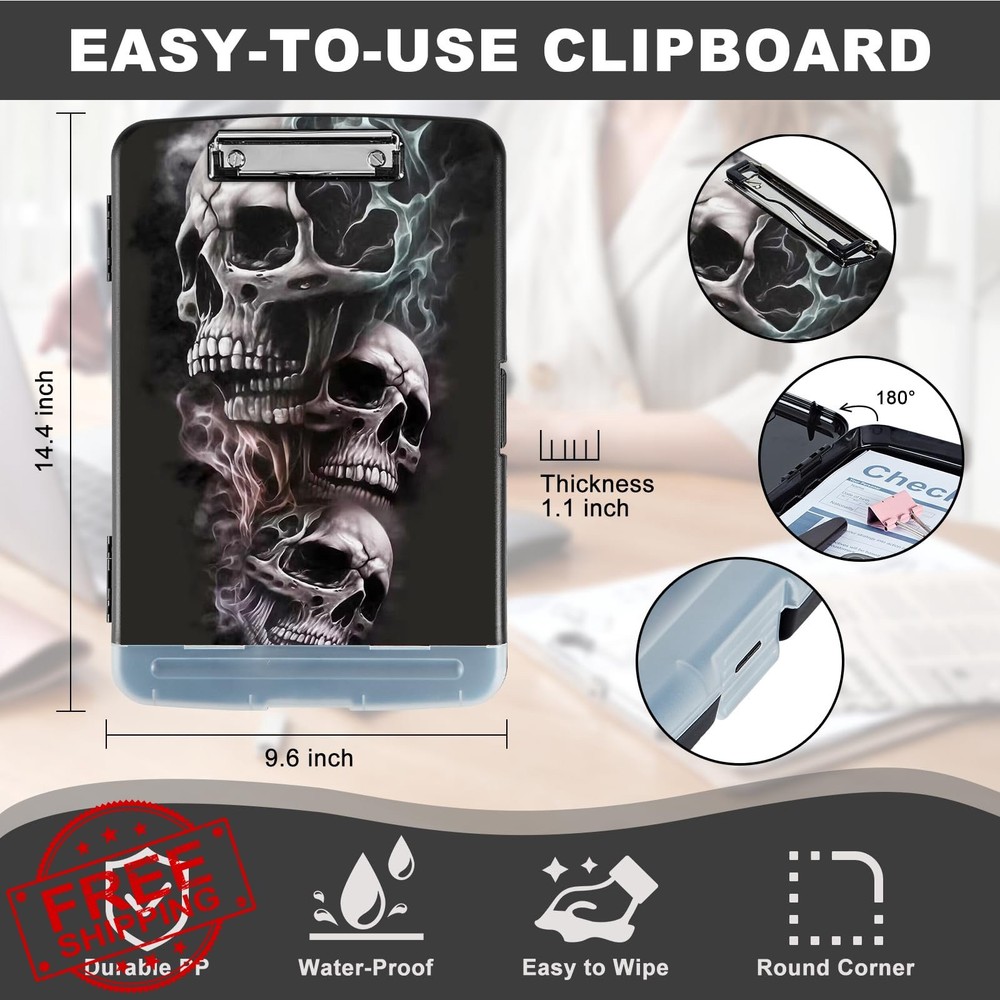 Clipboard with Storage Heavy Duty Plastic Skull Black