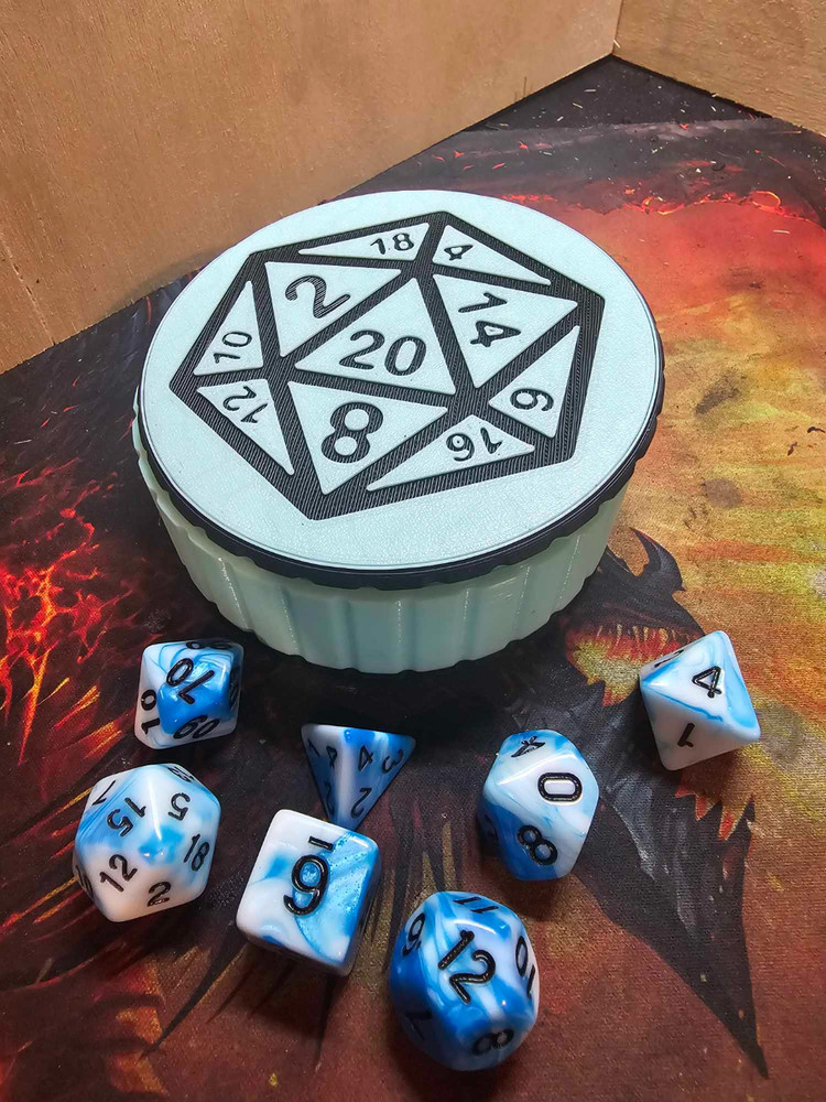 DnD Dice Storage Box – Custom 2 Colour Round Dice Case with D20 Lid