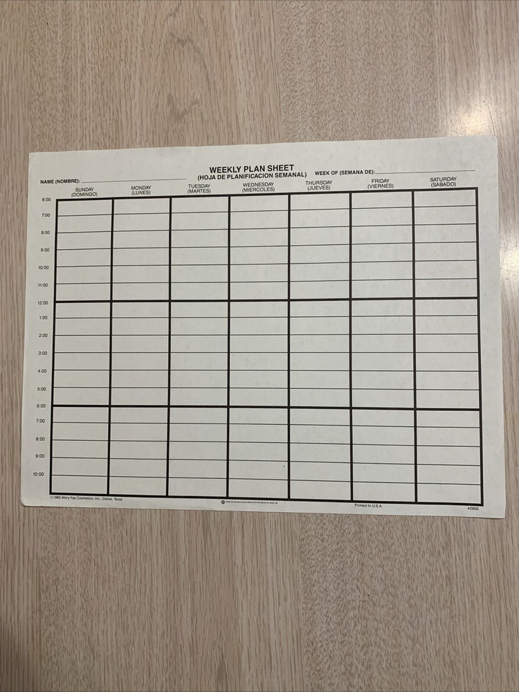 MARY KAY WEEKLY PLAN SHEET 1985