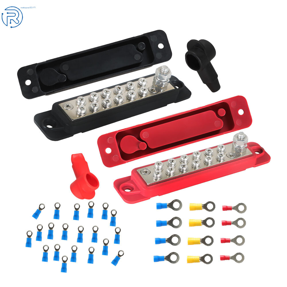 12 Point Busbar Bus Bar Power Distribution Block 180A 12V DC Pair Black & Red