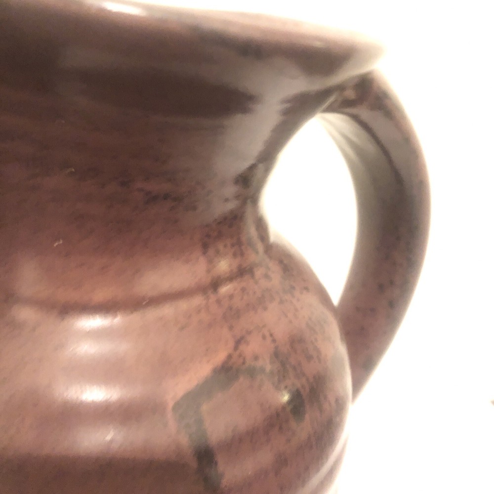 Art Pottery Ceramic Pitcher Rustic Drip Glaze Ribbed Pattern Scroll Handle 11.5”
