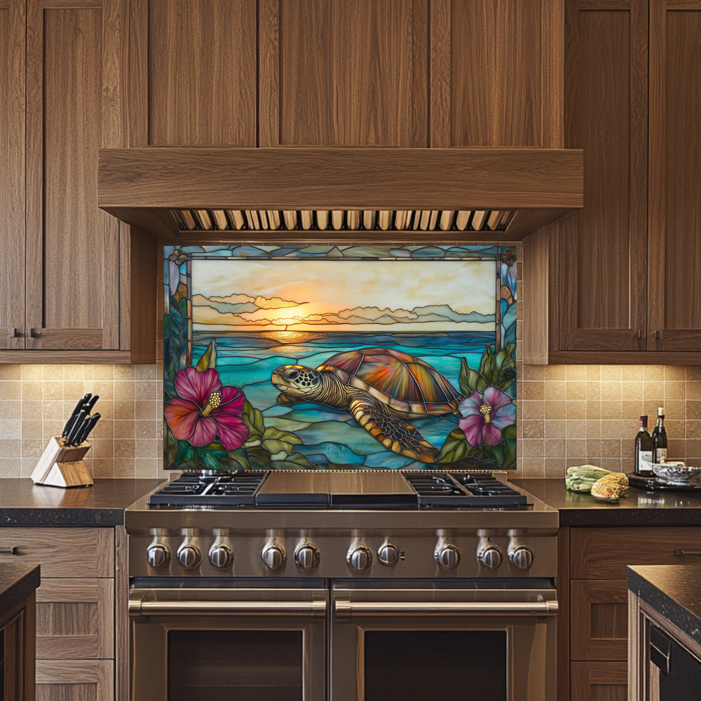 Stained Glass Look Sea Turtle Kitchen Backsplash Panel, Tropical Hibiscus Sunset