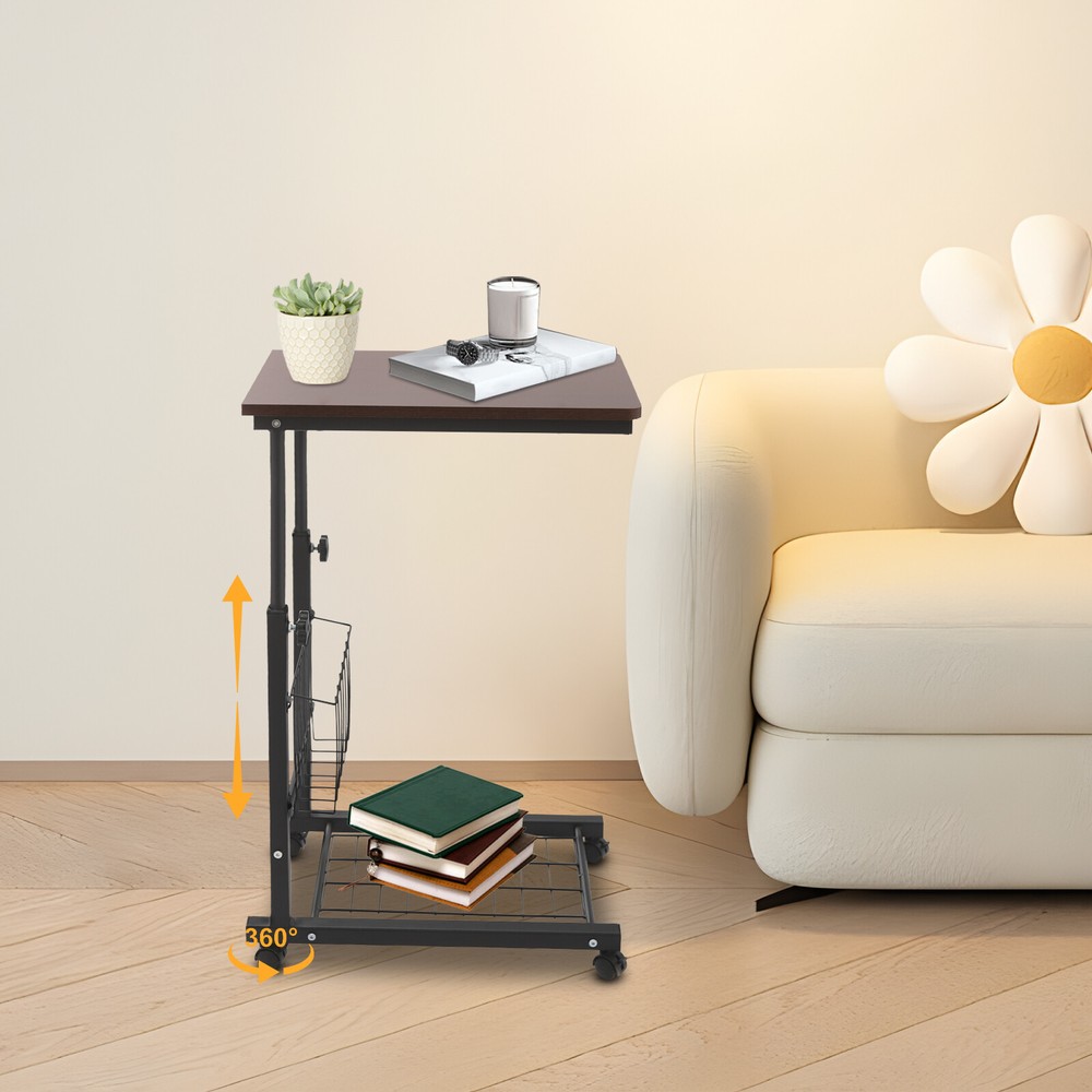 Height-Adjustable Side Table with Wheels for Bed and Home Use