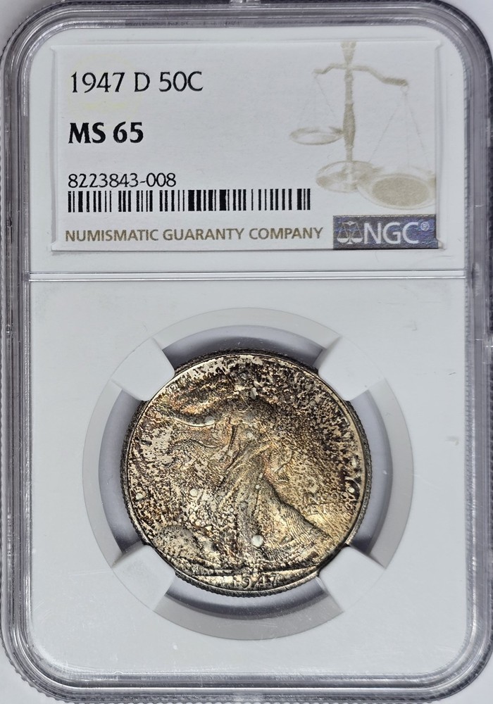 Toned 1947 D Walking Half Dollar NGC MS65