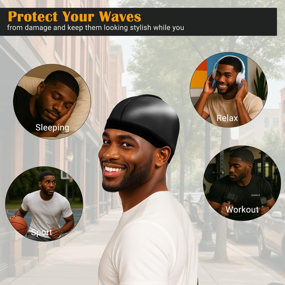 DURALA Super Elastic Wave Cap, Good Compression One Size-X-Large, Black+black