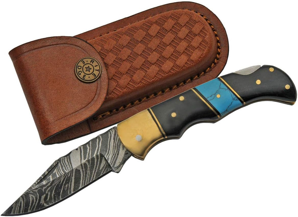 Steel Turquoise and Horn Handle Folding Knife