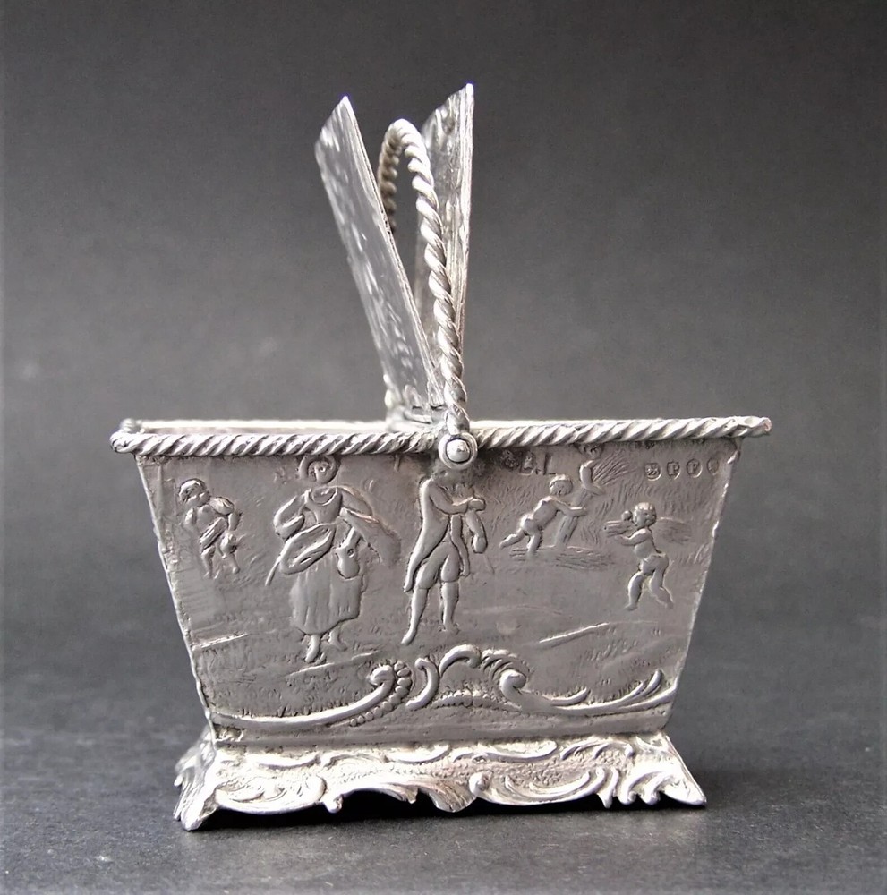 PRE-1888 SOLID SILVER HANAU MINIATURE SWING HANDLE BASKET .930 GRADE SILVER