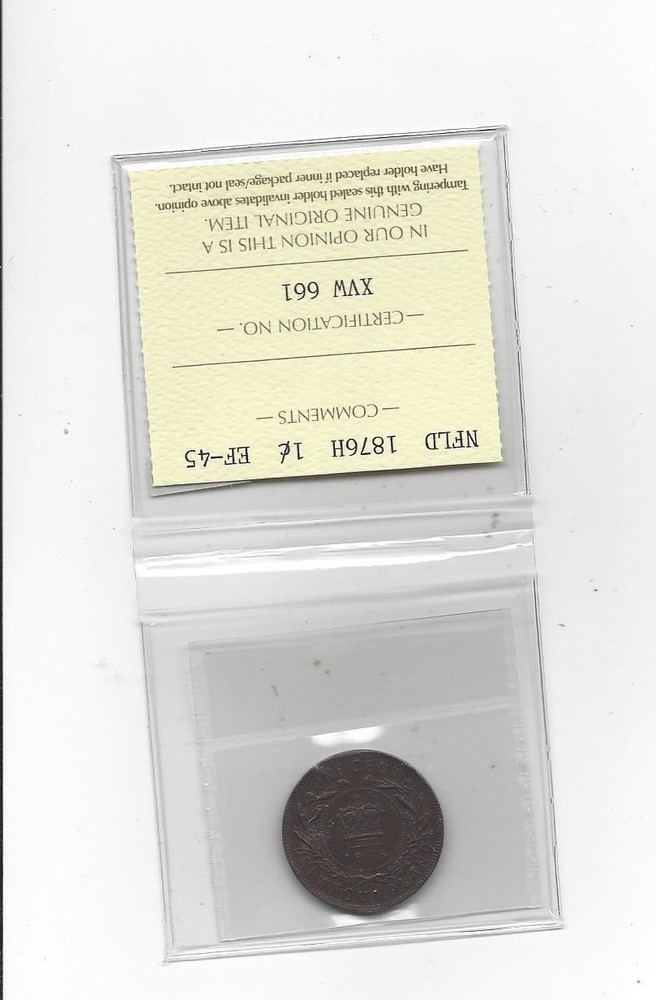 1876H, ICCS Graded Newfoundland, Large One Cent, **EF-45**