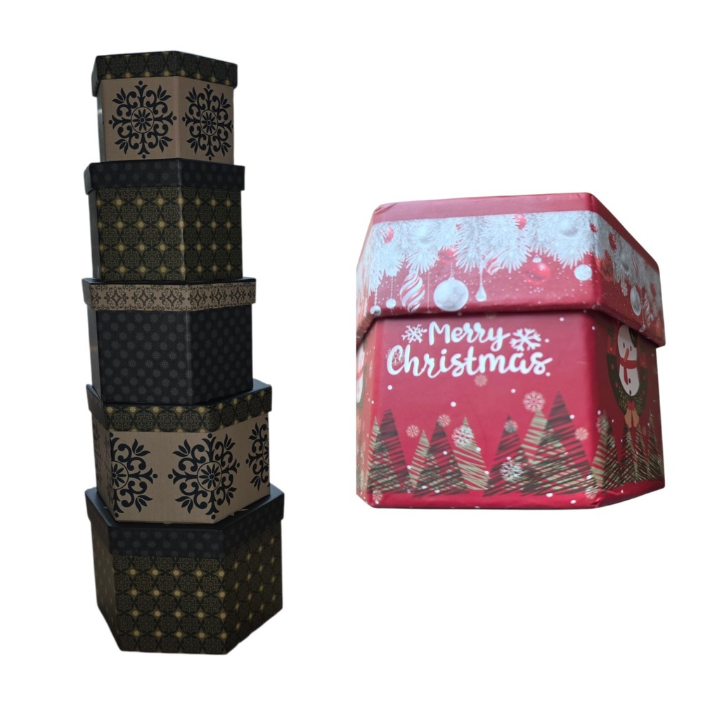 5 Hexagon shaped nesting gift boxes green beige patterned + 1 Christmas box