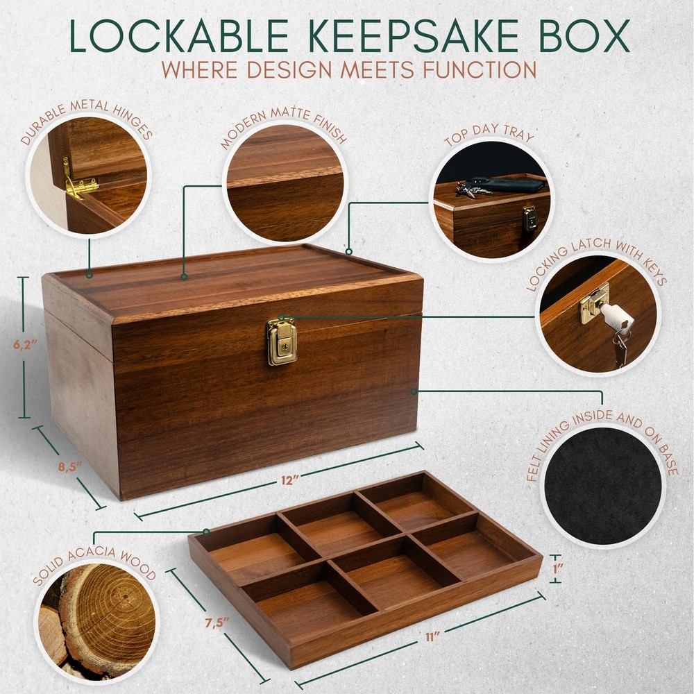 Locking Wooden Keepsake , Customizable Design With Adjustable Tray. Large Woo...
