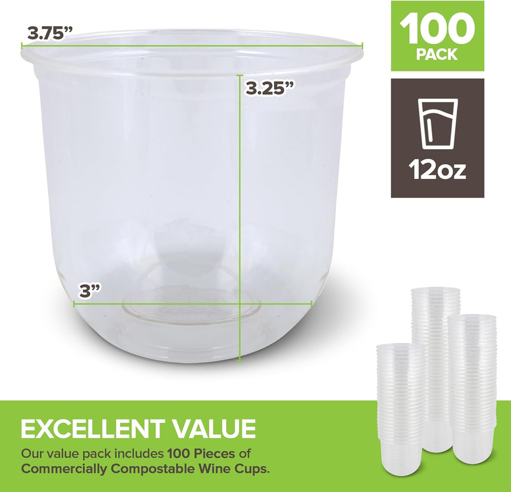 12 oz Clear Commercially Compostable Cups (100 Pack), Eco Party Cup, Recyclable