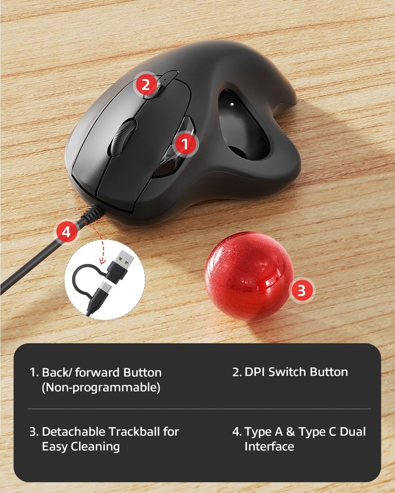 M509 Trackball Mouse Wired, Ergonomic Design, Easy Thumb Control, Precise & S...