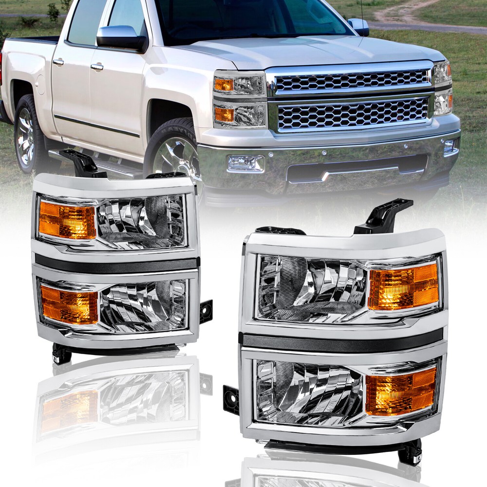 Pair Front Headlight Assembly For 2014-2015 Chevy Silverado 1500 Amber Reflector